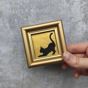 Black cat silhouette painting Gold oil painting Cat lover gift Miniature painting Framed painting Wall art decor gift Cat wall art