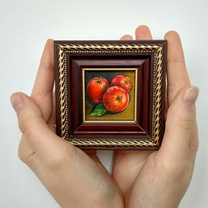 Mini pintura a óleo Natureza morta de Appels Arte de parede emoldurada original Pintura de cozinha em miniatura