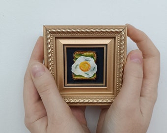 Egg painting Miniature oil painting Food painting Toast painting Avocado painting Still life painting Kitchen wall art decor Framed painting