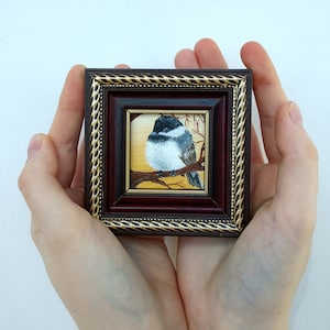 Chickadee painting Miniature painting  Bird artwork Bird oil painting Chickadee  Tiny painting Framed painting Custom art Original painting