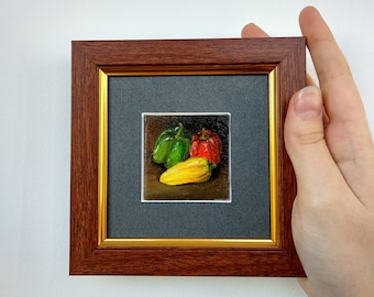 Tiny painting Peppers original artwork 2x2 painting Framed painting