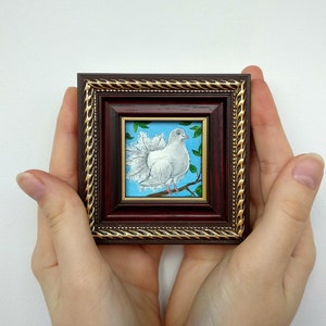 White dove oil painting 2x2 Miniature framed art Bird artwork Gift for first comunnion