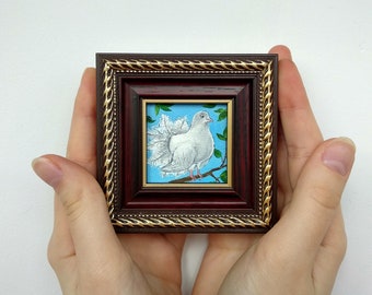 Peinture colombe 2x2 Miniature art encadré Art d’oiseau