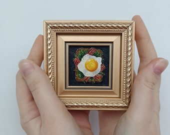 Bacon and egg painting Oil painting Egg toast painting Miniature painting Still life painting Food oil painting Small painting 2x2 painting