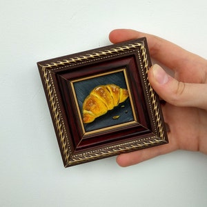 Croissant original oil painting Food oil wall art 2x2 Miniature artwork gift for mom