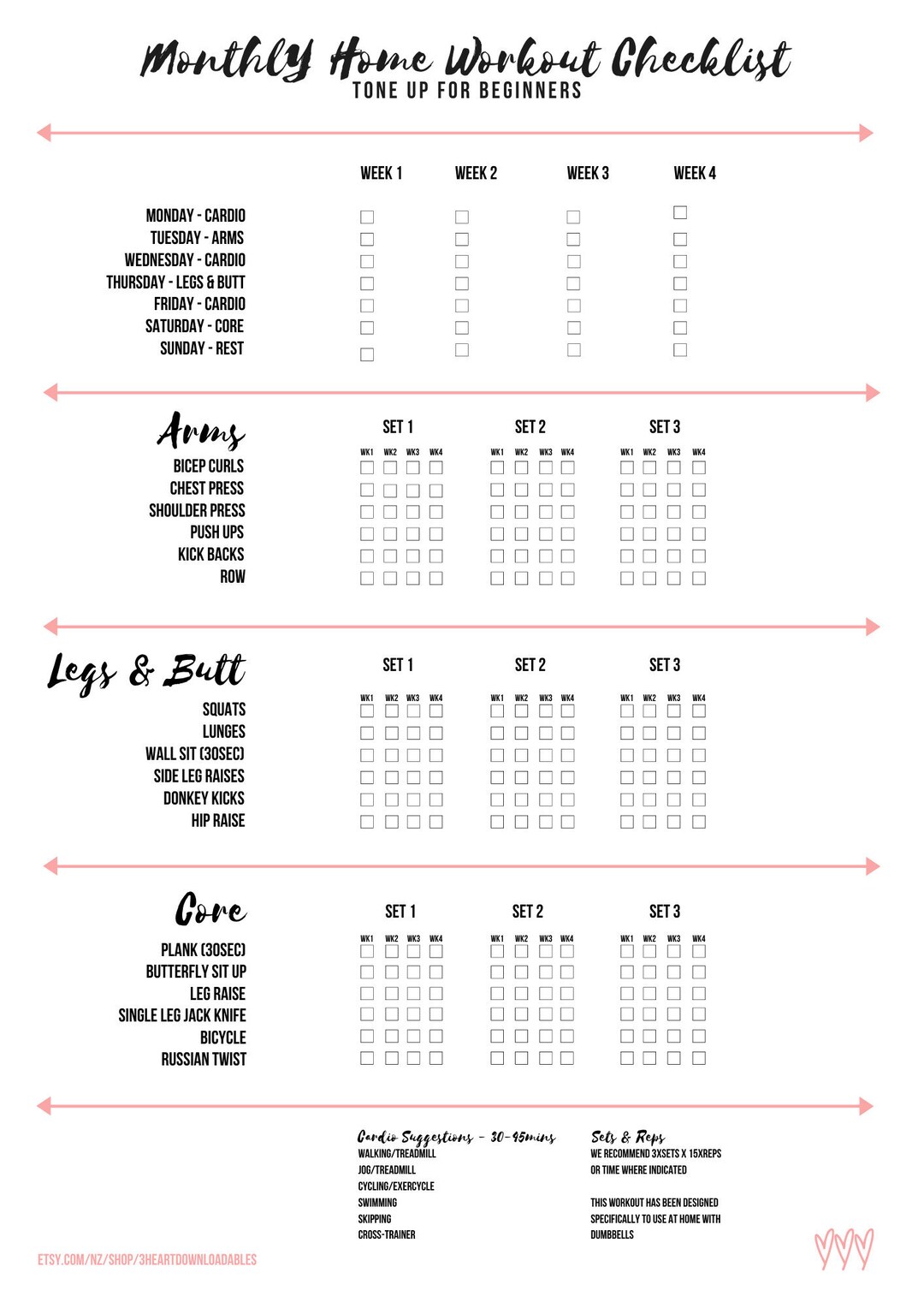 Monthly Home Workout Checklist Etsy UK
