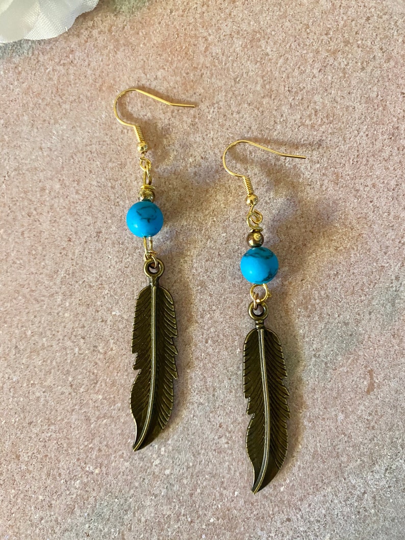 Bronze Feather and Aqua Bead Earrings Etsy