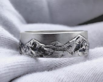 925k Sterling Silver Mountain Ring, Nature Band
