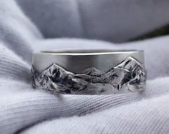 Anillo de plata de montaña, anillo de banda de montaña, anillo de bodas de montaña, regalo para él, regalo para ella, regalo para los amantes de la naturaleza, %70 de descuento en anillo