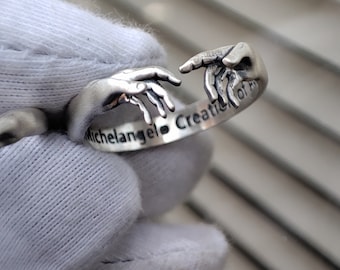 De creatie van Adam Sterling zilveren ring, ring geïnspireerd door Michelangelo's creatie van Adam in de Sixtijnse kapel, grote verkoop op sieradenring