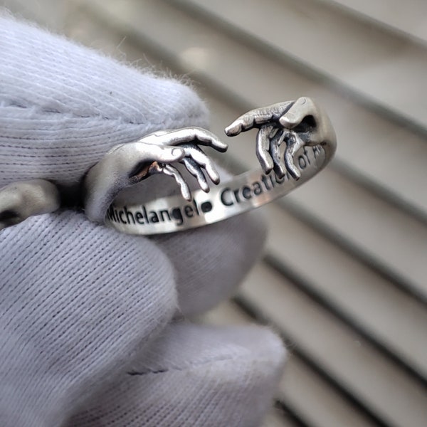 Anillo de plata de ley La creación de Adán, anillo inspirado en la creación de Adán de Miguel Ángel en la Capilla Sixtina, gran venta en anillo de joyería