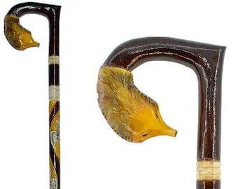 Hand Carved Fox Handle Walking Cane: Elegant Wooden Stick
