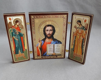 Prawosławna ikona tryptyku Jezus Chrystus Pantokrator Archaniołowie, składana drewniana ikona podróżna (6 x 9 cm)