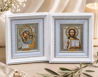 Orthodox Wedding Icon Set in White Kiot Frames, Jesus Christ & Virgin Mary, Wedding Blessing Icons, Christian Home Decor, 18x20 cm