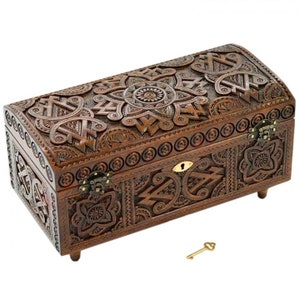 Handmade Carved Walnut Jewelry Box: Vintage Wooden Chest with Lock