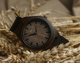 Handgefertigte Holzarmbanduhr: Unisex-Lederarmband, Geschenk zur Gravur