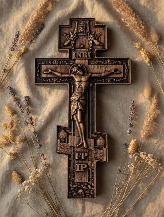 Hand Carved Wooden Wall Orthodox Cross With Jesus Christ