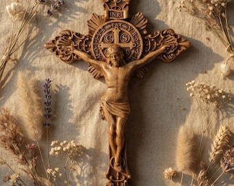Carved St. Benedict Crucifix | Maple Wood Wall Cross, Religious Home Decor