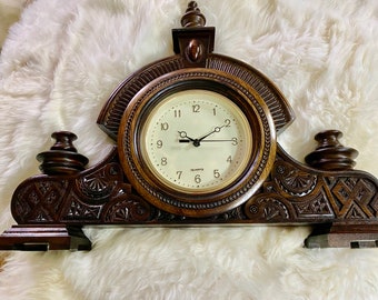 Wooden Mantel Clock with Intricate Carvings, Vintage Table Decor