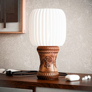 Handmade Carved Wood Table Lamp: Vintage Style Night Light