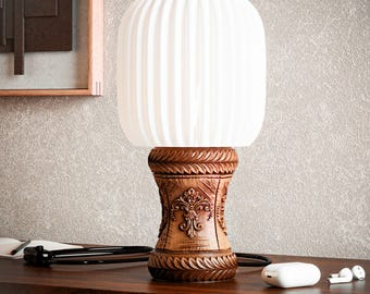 Handmade Carved Wood Table Lamp: Vintage Style Night Light