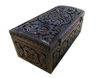 Hand Carved Walnut Jewelry Box: Lacquered Wood Chest