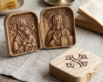 Icono plegable de díptico de madera natural, altar de bolsillo de la Virgen María y Jesucristo, relicario ortodoxo de viaje tallado, regalo religioso cristiano.