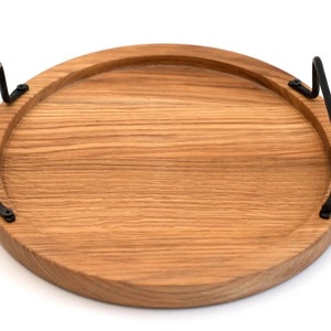 Handmade Oak Wood Tray: Round Serving Tray with Metal Handles
