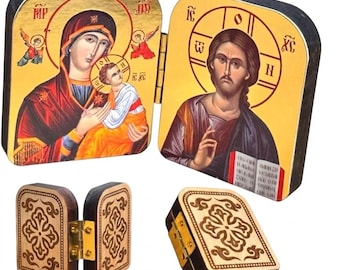 Wooden Folding Orthodox Icon Diptych, Mother of God Jesus Christ, Pocket Travel Prayer Icon