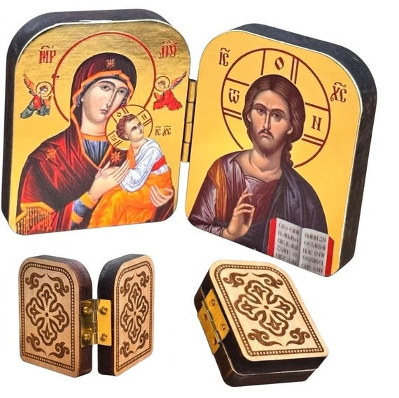 Wooden Folding Orthodox Icon Diptych, Mother of God Jesus Christ, Pocket Travel Prayer Icon