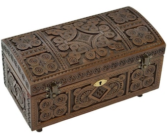 Hand Carved Walnut Jewelry Box: Velvet Lined Keepsake Chest