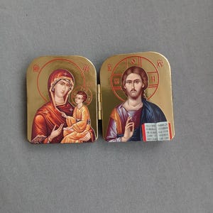 Drewniana składana ikona prawosławna Dyptyk, Matka Boska Jezus Chrystus, kieszonkowa ikona modlitewna zdjęcie 6