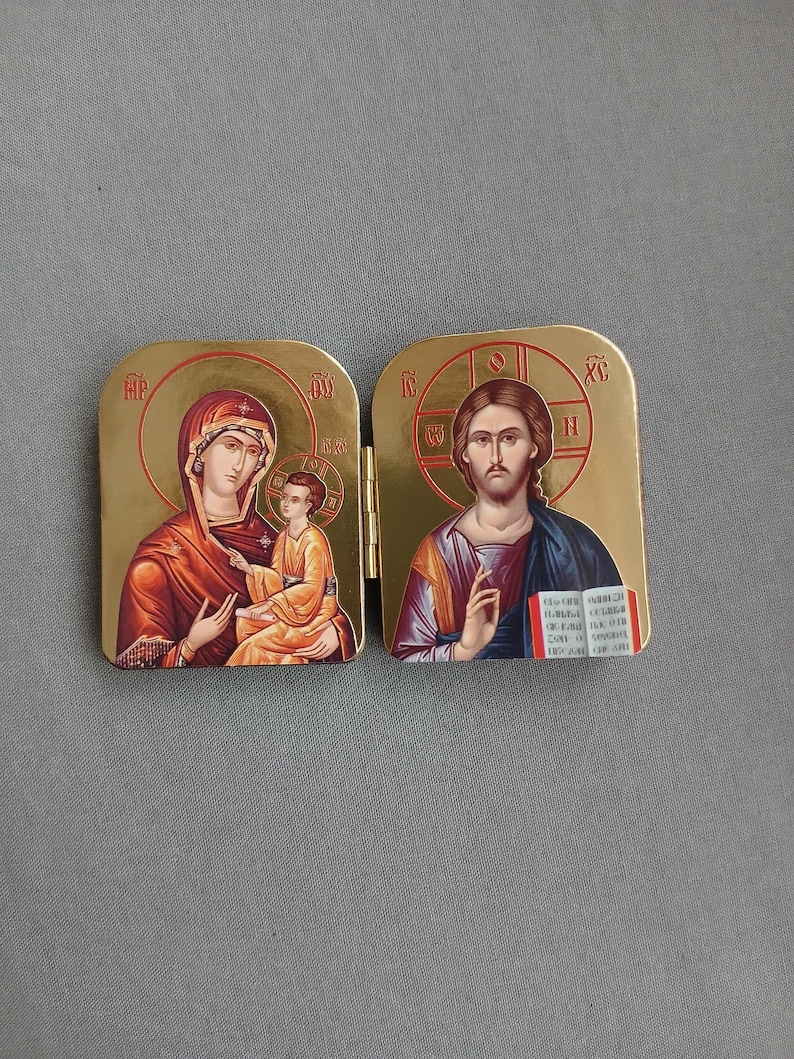 Drewniana składana ikona prawosławna Dyptyk, Matka Boska Jezus Chrystus, kieszonkowa ikona modlitewna zdjęcie 6
