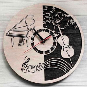 Horloge murale musicale en bois : piano, violon, décoration faite main