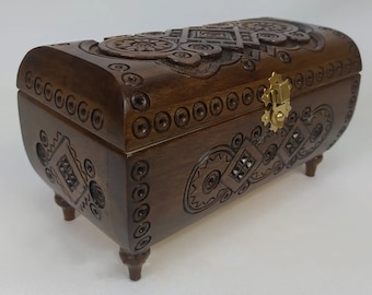 Hand Carved Wooden Jewelry Box, Folk Art Chest