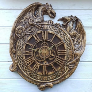 Wooden carved handmade wall clock. Wooden clock. Wooden wall clock. Wall clock. Wooden decor Clock with dragons Carved clock Wood wall clock