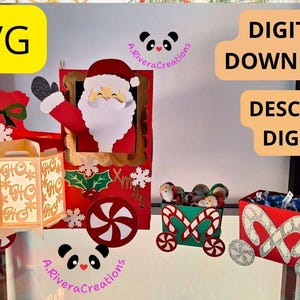 May include: A 3D Christmas-themed papercraft design featuring a red train with Santa Claus, snowflakes, and candy cane accents. The design includes the text "SVG" and "Digital Download".