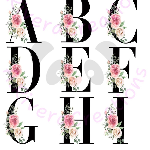 Floral alphabet, watercolor flowers, initials, png alphabet, Floral alphabet, watercolor flowers, initials, png alphabet, art print