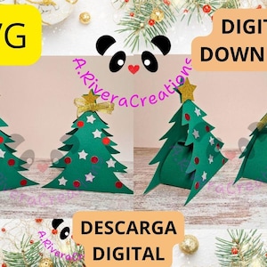 Puede incluir: Cuatro árboles de Navidad de papel verde con detalles rojos y blancos, y estrellas doradas. Los árboles están decorados con círculos rojos y estrellas blancas. La imagen incluye el texto "SVG", "DESCARGA DIGITAL", "3D" y "DESCARGA DIGITAL".