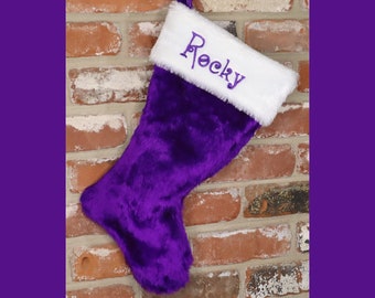Premium ROYAL PURPLE Personalized Plush Embroidered Christmas Stocking approx 19". Custom Designed. Pick your fur, font & thread colors.