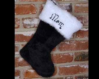 Premium Rich ONYX BLACK Personalized Plush Faux Fur Custom Embroidered Christmas Stocking about 19". Pick your fur, font & thread colors.