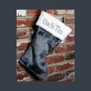 Stunning Steel Grey Christmas Stocking 100% MADE IN USA & Custom Embroidered Name/Personalized Christmas Plush Stocking Approx 19&quot; Diagonal