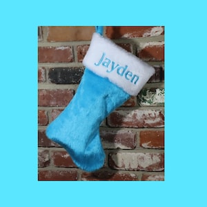 Custom Bright Turquoise Christmas Stocking 100% MADE IN USA & Custom Embroidered Name/Personalized Christmas Plush Stocking Approx 19" Diag