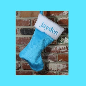 Bright Turquoise/Aqua Blue Christmas Stocking 100% MADE IN USA & Custom Embroidered Name/Personalized Christmas Plush Stocking About 19&quot; Dia