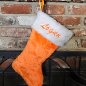Premium Pumpkin Orange Personalized Plush Embroidered Christmas Stocking, approx 19". Custom Designed. Pick your fur, font & thread colors.