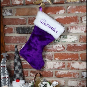 Premium Royal PURPLE Personalized Plush Embroidered Christmas Stocking approx 19". Custom Designed. Pick your fur, font & thread colors.