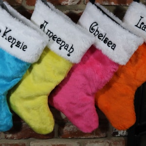 100% MADE IN USA & Custom Embroidered Name/Personalized Christmas Plush Stockings. Beautiful fun colors. One for every member of the family.