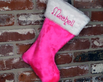 Premium Fuchsia-Hot Pink Personalized Plush Embroidered Christmas Stocking approx 19". Custom Designed. Pick your fur, font & thread colors.