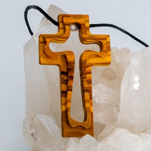 Cross olive wood with freshwater pearl, pendant, leather cord, gift