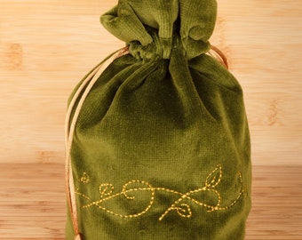 Druid Leafy Border Design Moss Green Embroidered Velvet Dice, Gift or Favour Drawstring Bag, Tile Pouch,  for DnD, LoTR, D&D,  Pathfinder